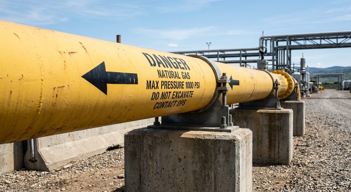 Gelb lackierte Erdgas-Pipeline mit Warnmarkierungen, Richtungspfeilen und Druckangabe, montiert auf Betonstützen unter freiem Himmel — Industrieanlage für Erdgastransport
