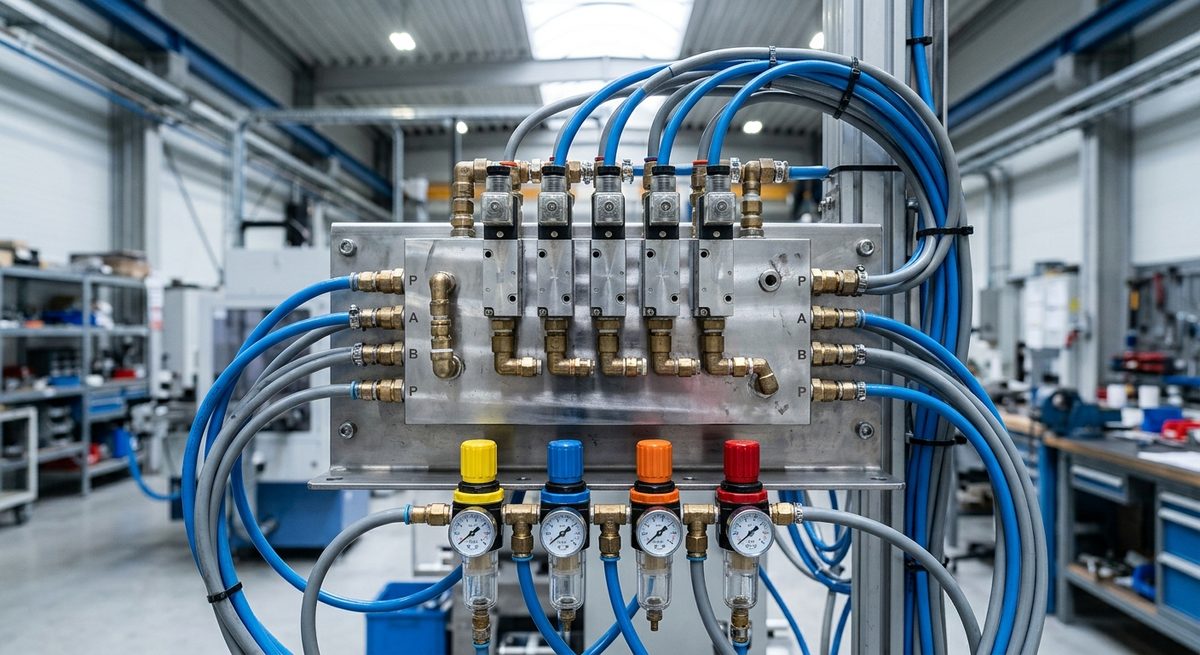 Industrieller pneumatischer Ventilblock mit polierten Edelstahl-Druckluftventilen, Messing-Verschraubungen und blau-grauen, farblich codierten Druckluftschläuchen in einer Werkshalle — typische Anwendung für Druckluft-Leckageortung