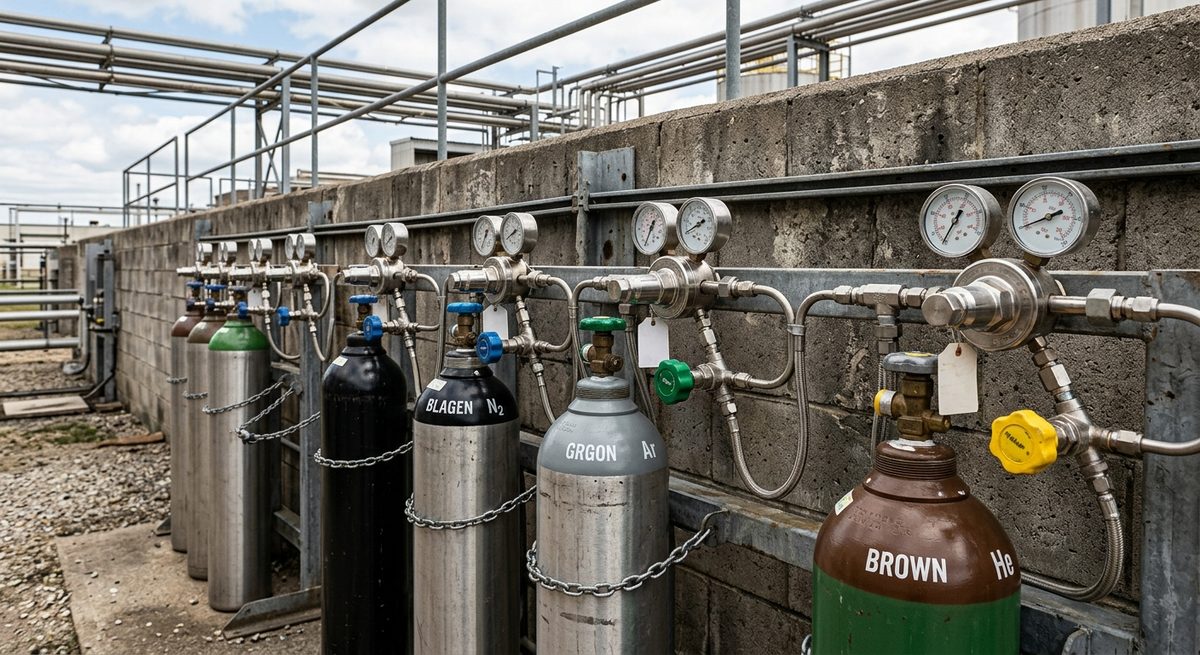 Industrielle Gasversorgungsstation mit Edelstahl-Druckminderern, Manometern und Hochdruck-Gasflaschen für Stickstoff, Argon und Helium, angekettet an einer Betonwand im Außenbereich