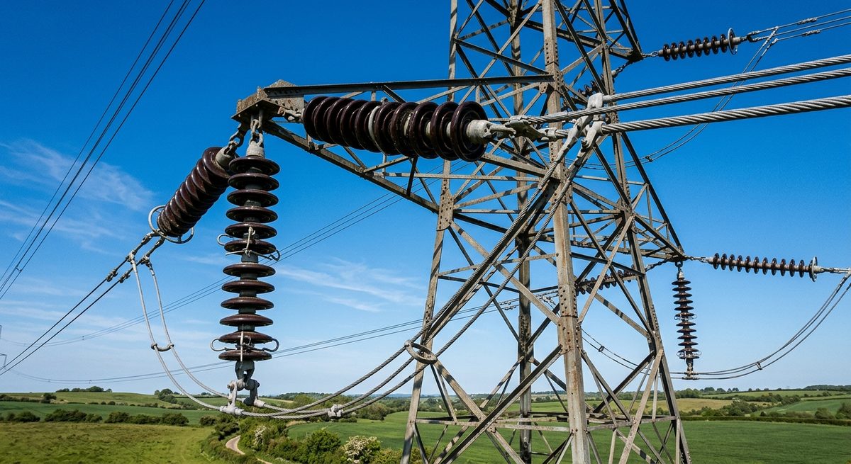 Hochspannungs-Freileitung mit mehreren Porzellan-Isolatoren und Stromleitern auf einem stählernen Gittermast vor klarem blauem Himmel — Anwendung für Detektion von Teilentladungen und Corona-Effekten