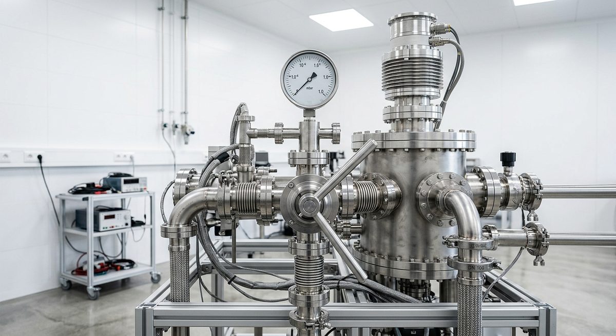 Industrielles Edelstahl-Vakuumsystem mit ISO-K-Flanschverrohrung, großem Absperrschieber, Vakuummessgerät und Turbomolekularpumpe in einer hellen Laborumgebung